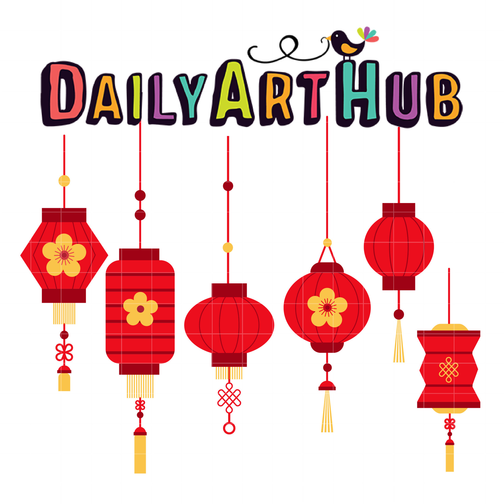 Colorful "DailyArtHub" logo with festive red Chinese lanterns and a decorative bird perched on the text.