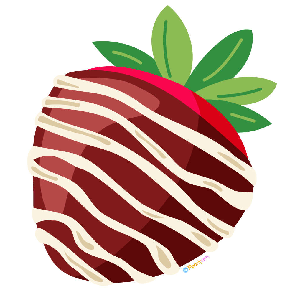 A glossy red chocolate-dipped strawberry drizzled with white chocolate and topped with green leaves.