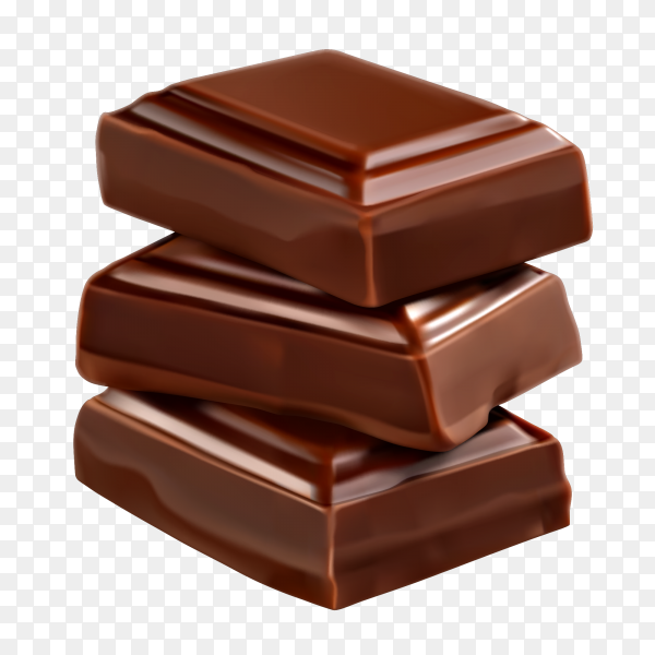 Three glossy milk chocolate bars stacked in a staggered arrangement on transparent background.