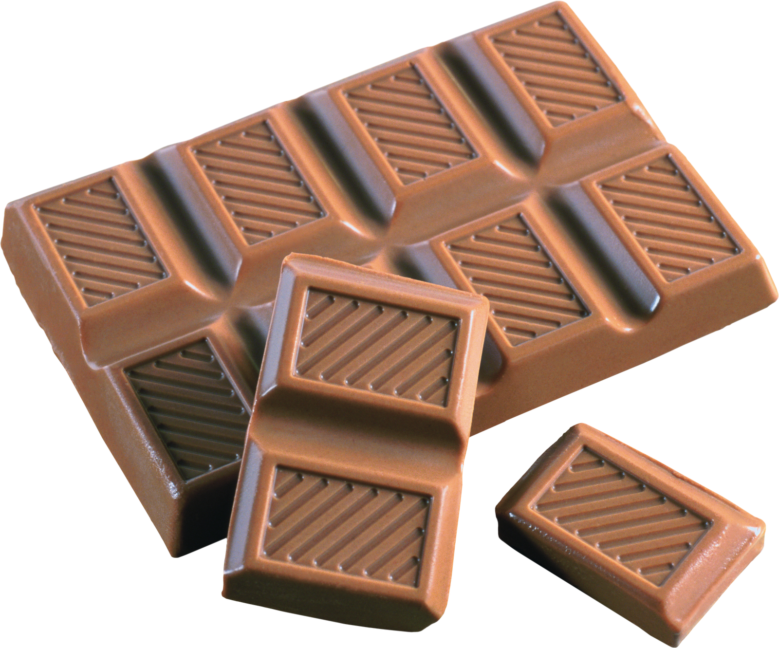 Milk chocolate bar broken into segments with diagonal ribbed texture, glossy finish on black background.