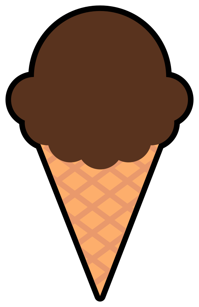 Chocolate ice cream scoop in a waffle cone, flat vector illustration on black background.