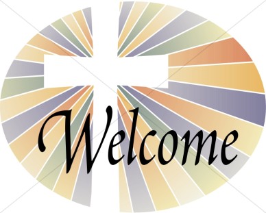 Colorful radiant cross with "Welcome" text, symbolizing inclusive Christian hospitality.