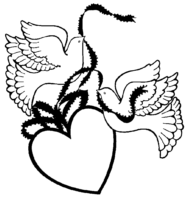 Two doves flying around a heart with decorative vines, symbolizing love and peace in black-and-white line art.