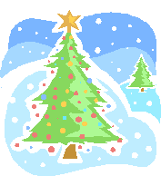 Pixel-art Christmas tree with colorful ornaments, snowflakes, and a golden star on a snowy blue background.