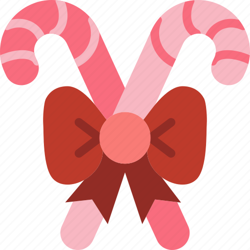 Two pink and red striped candy canes tied with a festive brown bow on a diagonal striped background.
