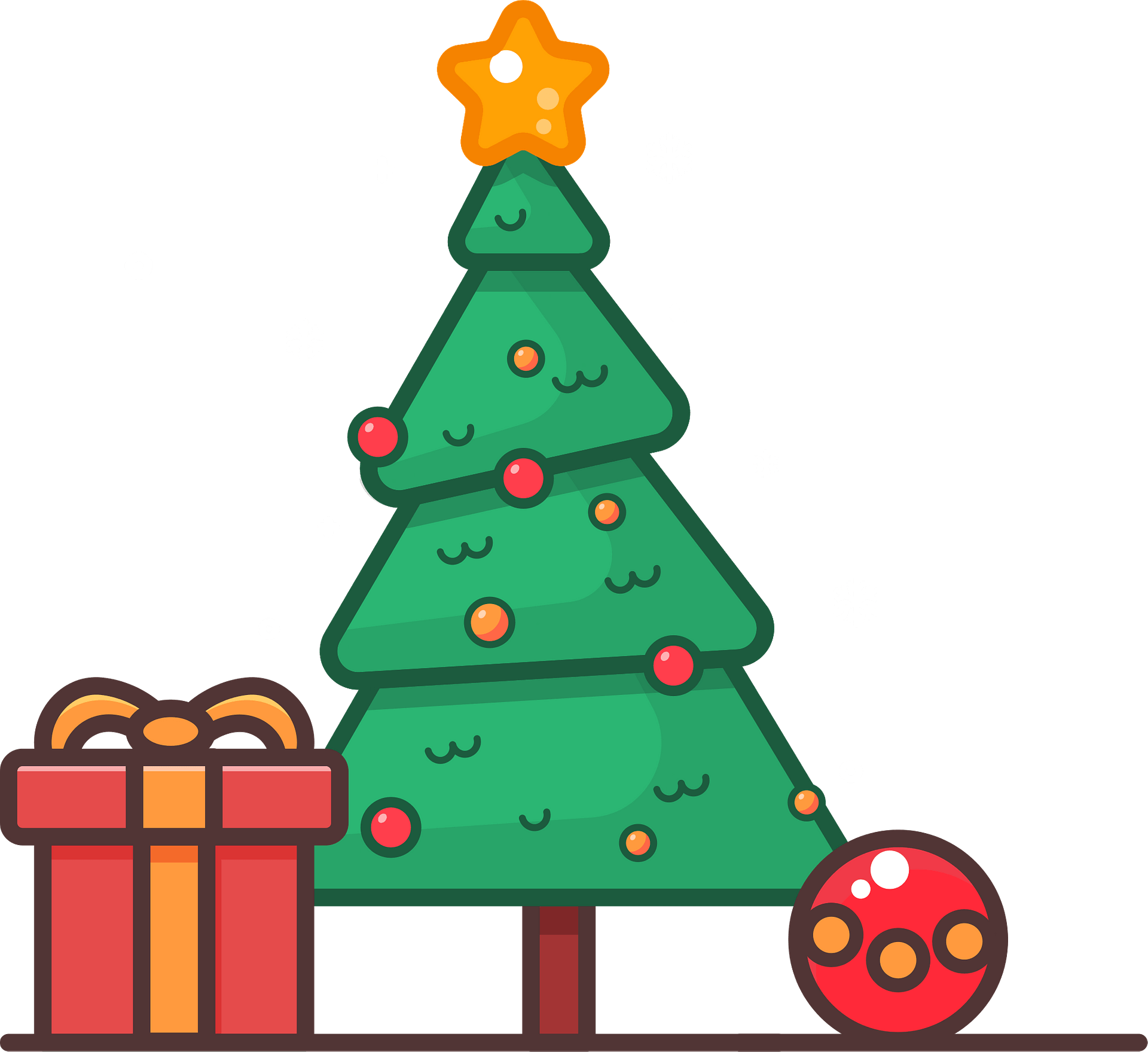 Cheerful cartoon Christmas tree with star topper, ornaments, gift box, and snowflakes on dark background.