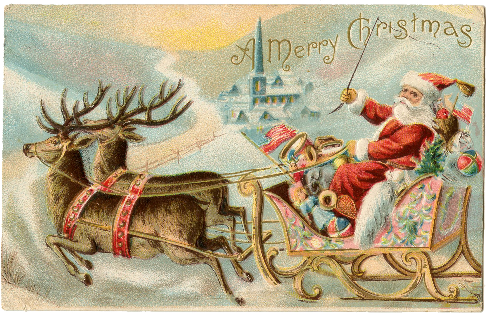 Vintage Santa Claus Sleigh Christmas Card - Free Public Domain Image