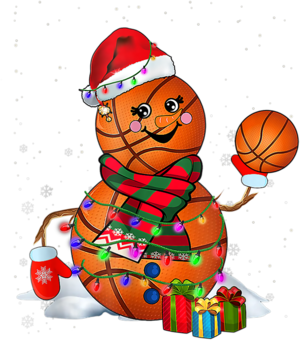 Festive basketball-themed snowman wearing Santa hat, scarf, and holding a mini basketball with gifts and lights.
