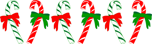 Six festive candy canes with red and green bows, alternating striped patterns in red/white and green/white.