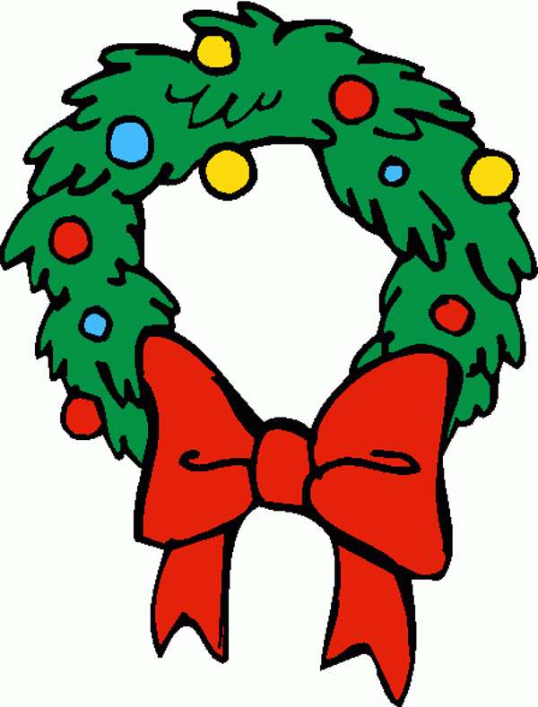 Festive green Christmas wreath with red, blue, and yellow ornaments and a large red bow.