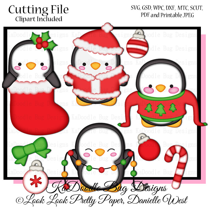 Festive penguin clipart set with Christmas outfits, ornaments, candy cane, and holly-SVG, PDF, JPG formats included.