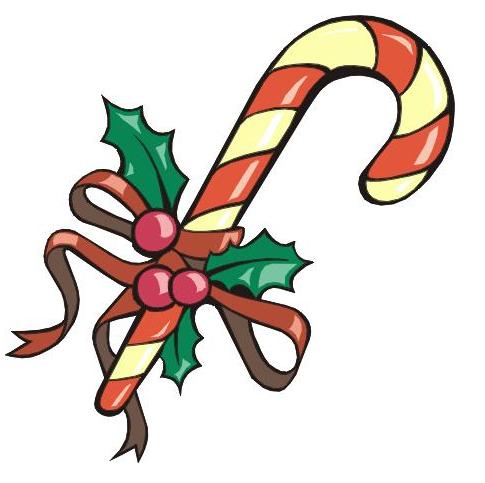 Festive candy cane with red-and-white stripes, brown ribbon bow, and holly leaves with berries.