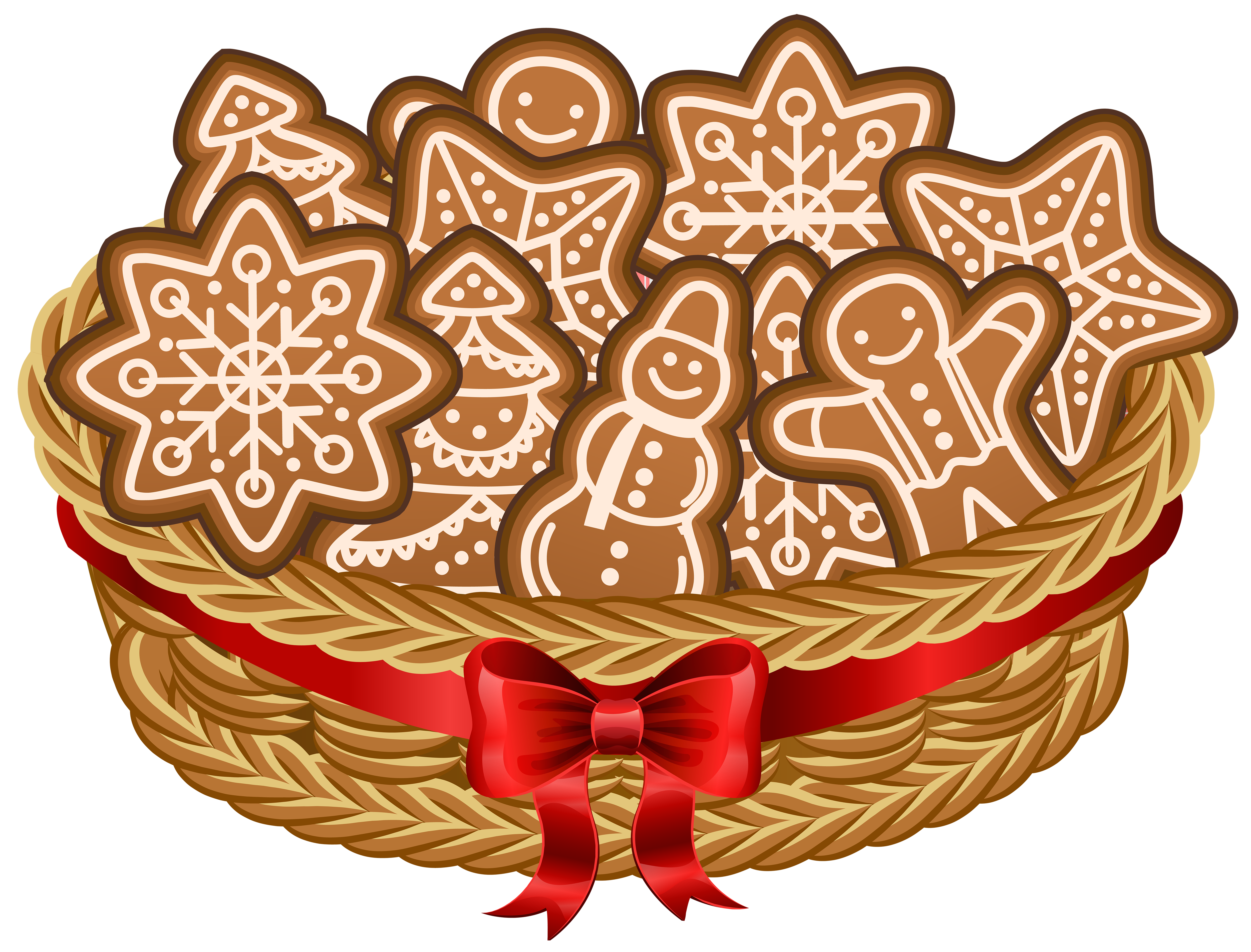 A woven basket filled with decorated gingerbread cookies-stars, snowflakes, and smiling figures-tied with a red ribbon bow.