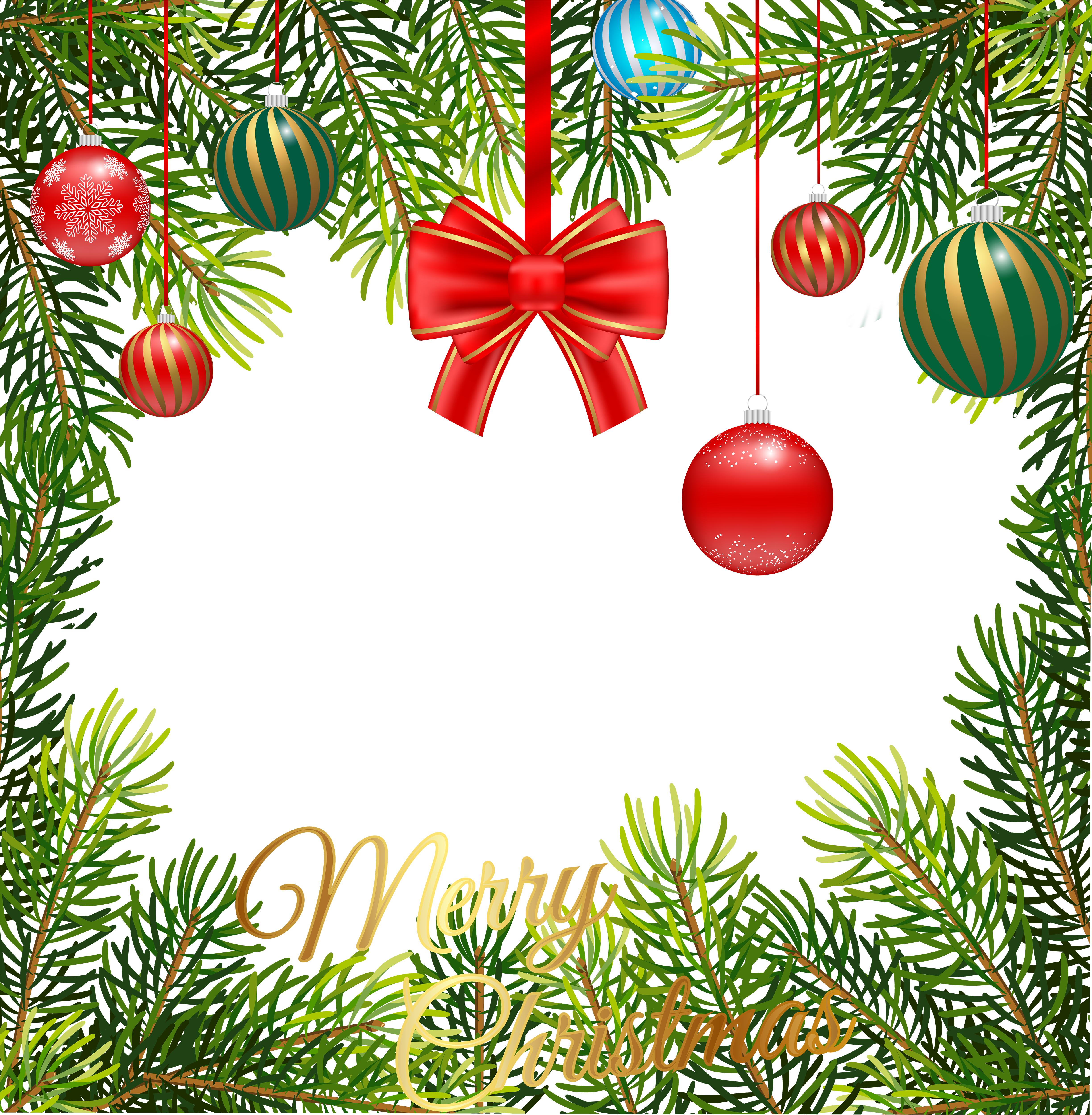 Festive Christmas frame with pine branches, ornaments, red bow, and "Merry Christmas" gold script on white background.