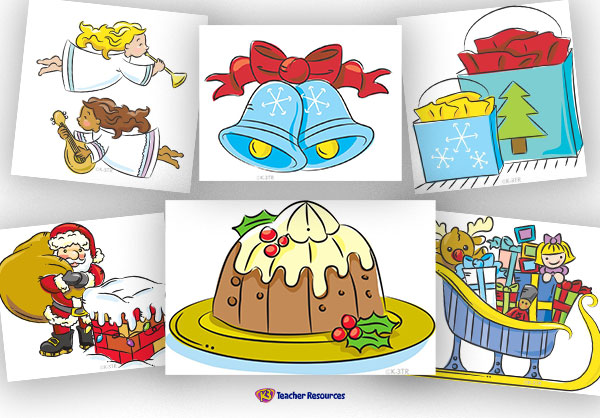 Festive Christmas illustrations including angels, bells, pudding, Santa, gifts, and sleigh.