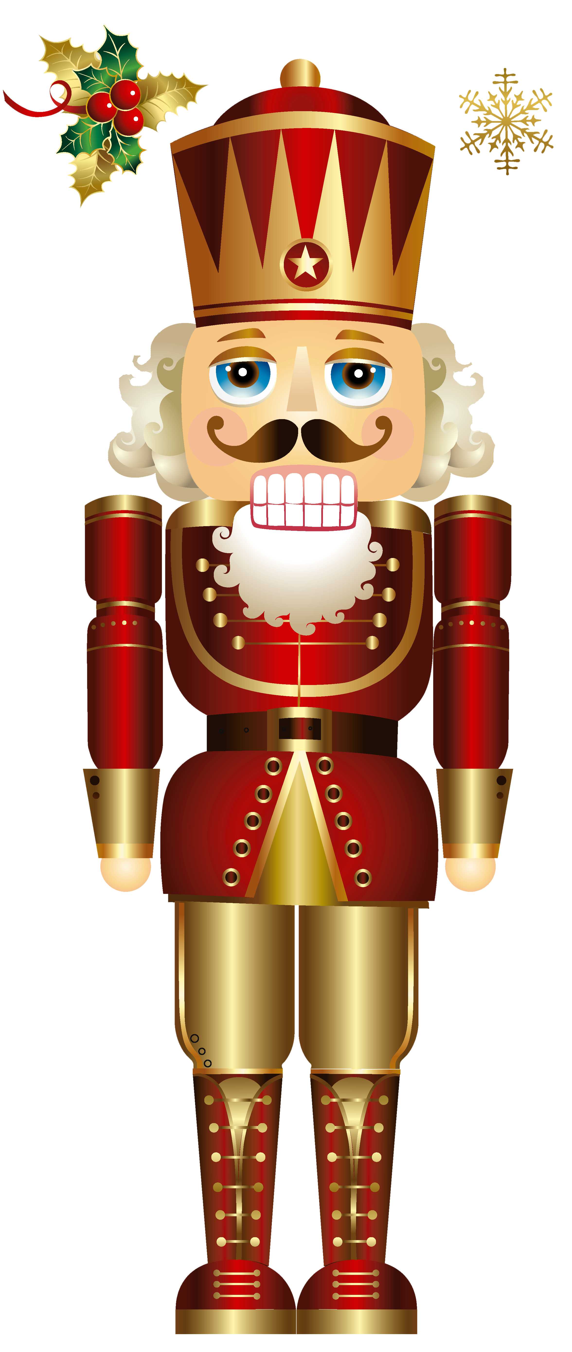 Festive red-and-gold nutcracker soldier with crown, mustache, and white beard, flanked by holly and snowflake decorations.