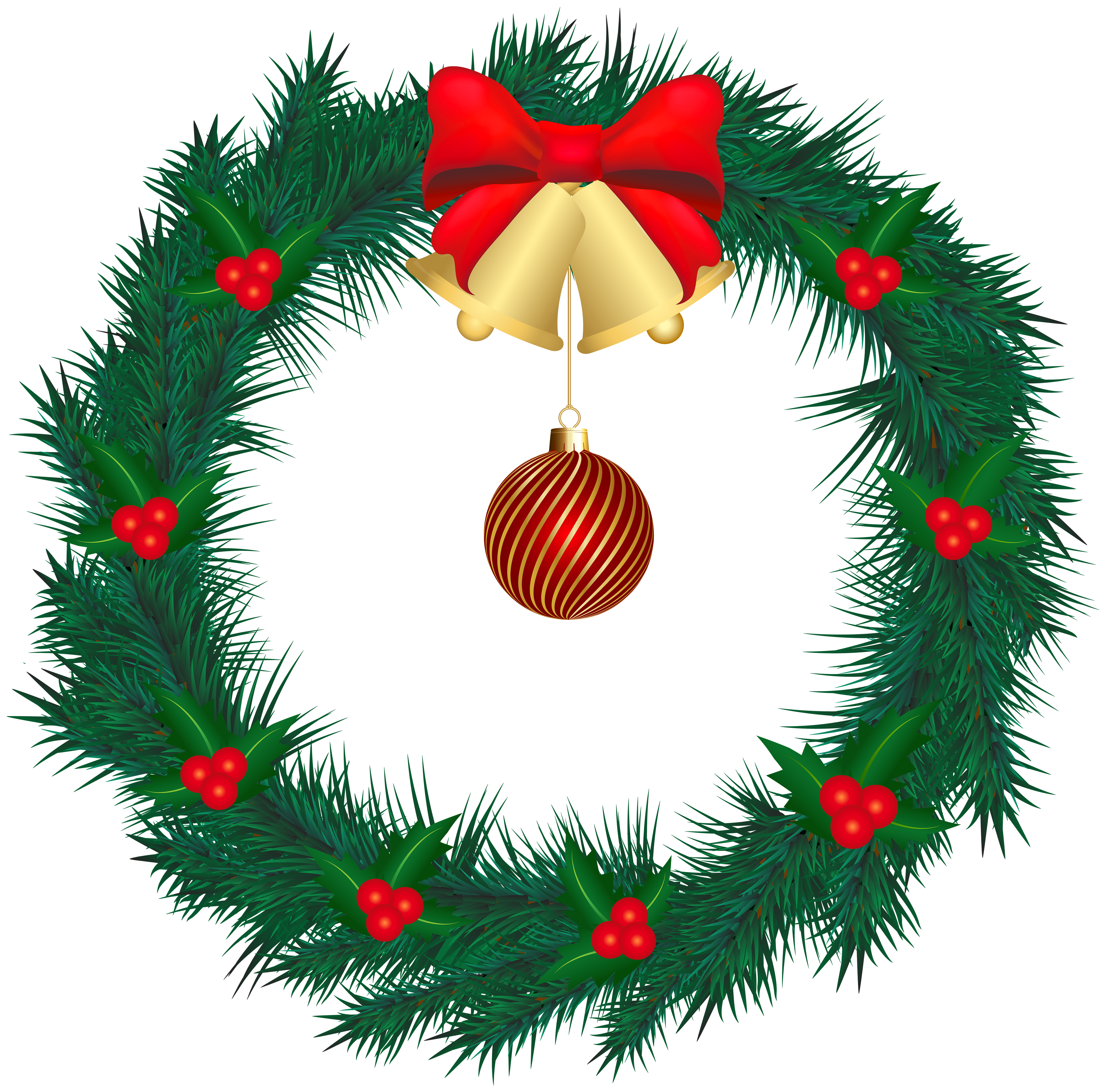 Festive Christmas wreath with pine branches, holly berries, golden bells, red bow, and striped ornament.
