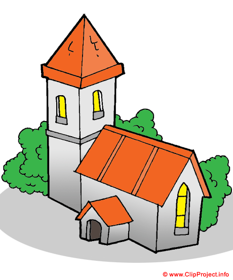 A cartoon-style church with a tall orange-roofed bell tower, gray stone walls, yellow windows, and green bushes surrounding it.