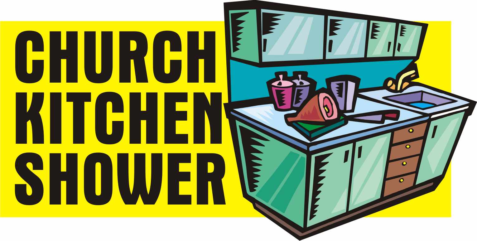 Cartoon illustration of a church kitchen with counters, cabinets, ham, and utensils, labeled "Church Kitchen Shower".