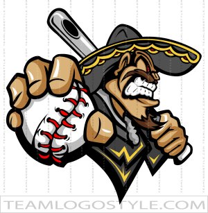 Fierce cartoon mascot in sombrero holding baseball and bat, wearing black-and-yellow jersey with lightning bolt emblem.