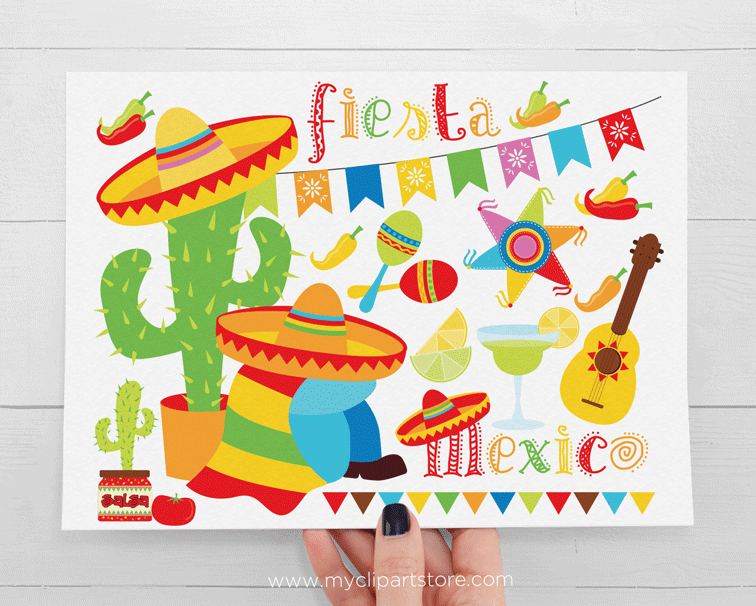 Colorful Mexican fiesta clipart with sombreros, cactus, maracas, guitar, chili peppers, and festive banners.
