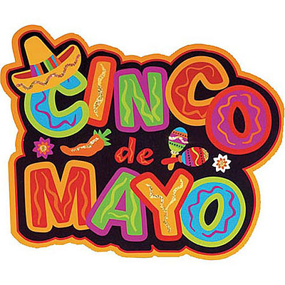 Colorful "Cinco de Mayo" festive graphic with sombrero, maracas, chili pepper, and flowers.