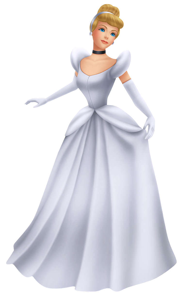 Cinderella in her iconic silver ball gown with puffed sleeves, choker, and white gloves, poised elegantly.