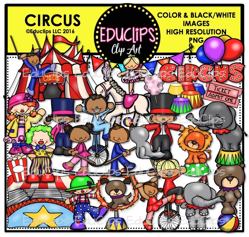 Colorful circus clip art set featuring performers, animals, tents, balloons, and props in high-resolution PNG format.