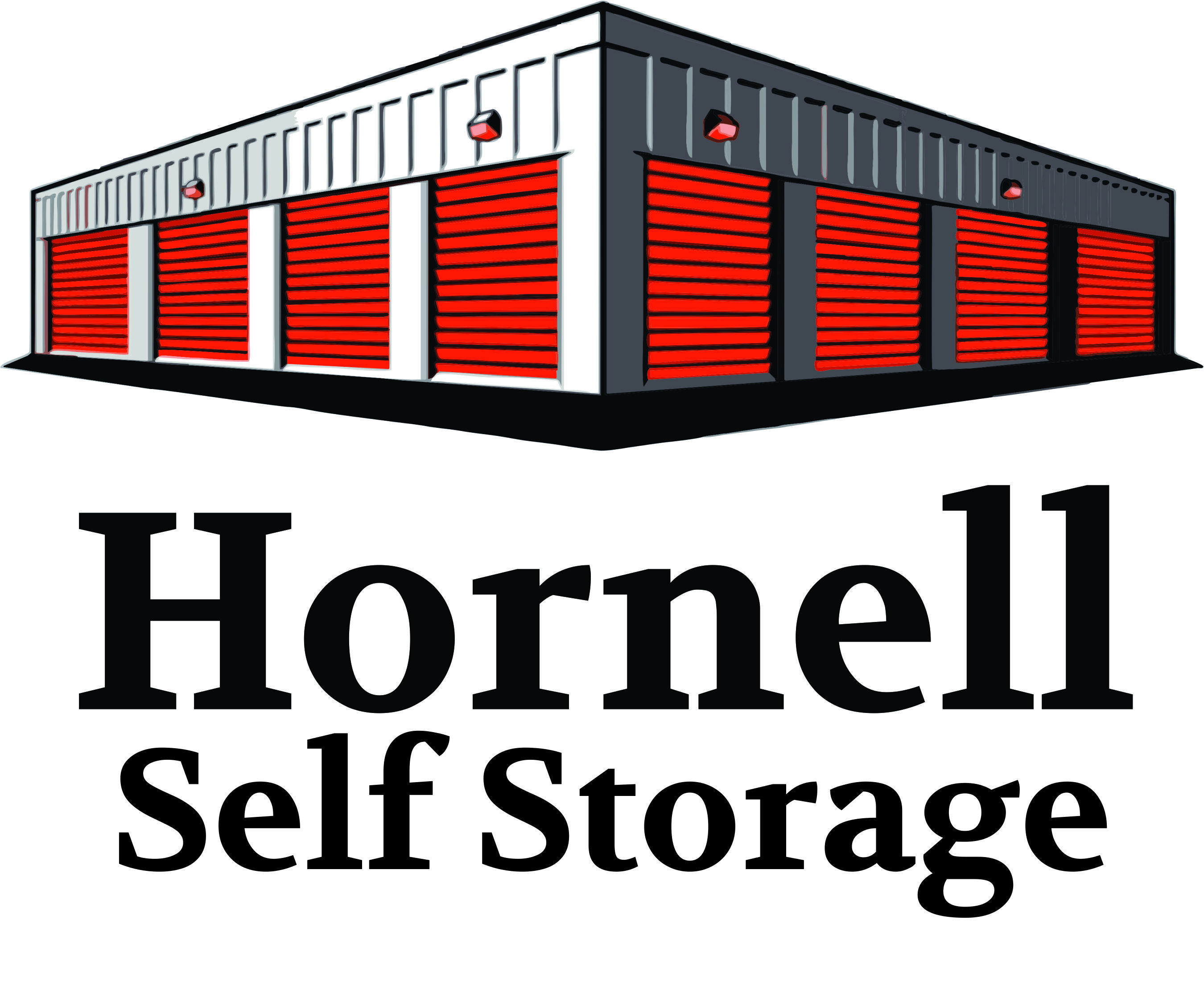 Hornell Self Storage facility with red roll-up doors and modern exterior design.