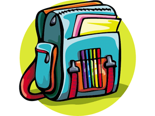 Colorful cartoon backpack filled with notebooks, pens, and school supplies on a green background.