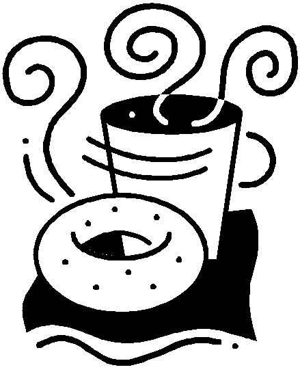 Steaming coffee cup and a bagel with sesame seeds, illustrated in black-and-white line art.