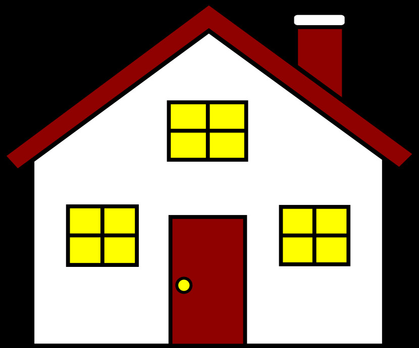 Simple cartoon-style house with red roof, white walls, yellow windows, red door, and chimney.