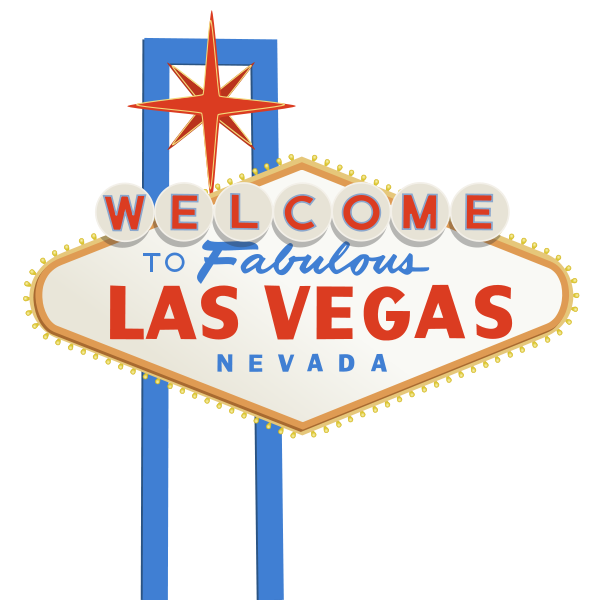 Iconic "Welcome to Fabulous Las Vegas Nevada" sign with red starburst and blue frame, illuminated with yellow bulbs.