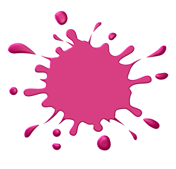 Vibrant pink paint splatter with dynamic droplets and glossy texture on white background.
