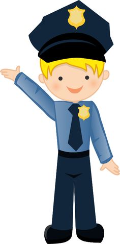 Cheerful cartoon boy dressed as a police officer waving with one hand.