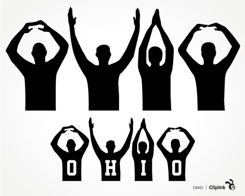 Silhouettes of four people forming "OHIO" with arms and hands, with letters integrated into lower figures.