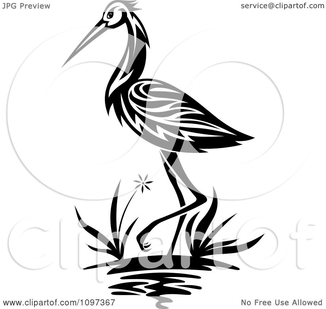 Stylized black-and-white heron standing in water with reeds and a flower, tribal-inspired design.