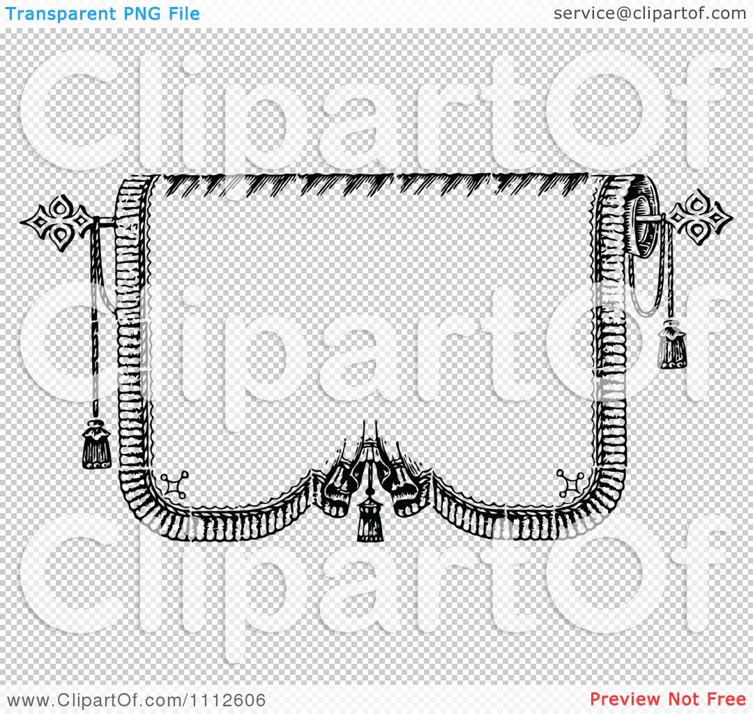 Vintage ornate scroll banner with tassels, decorative borders, and floral motifs in black-and-white line art style.