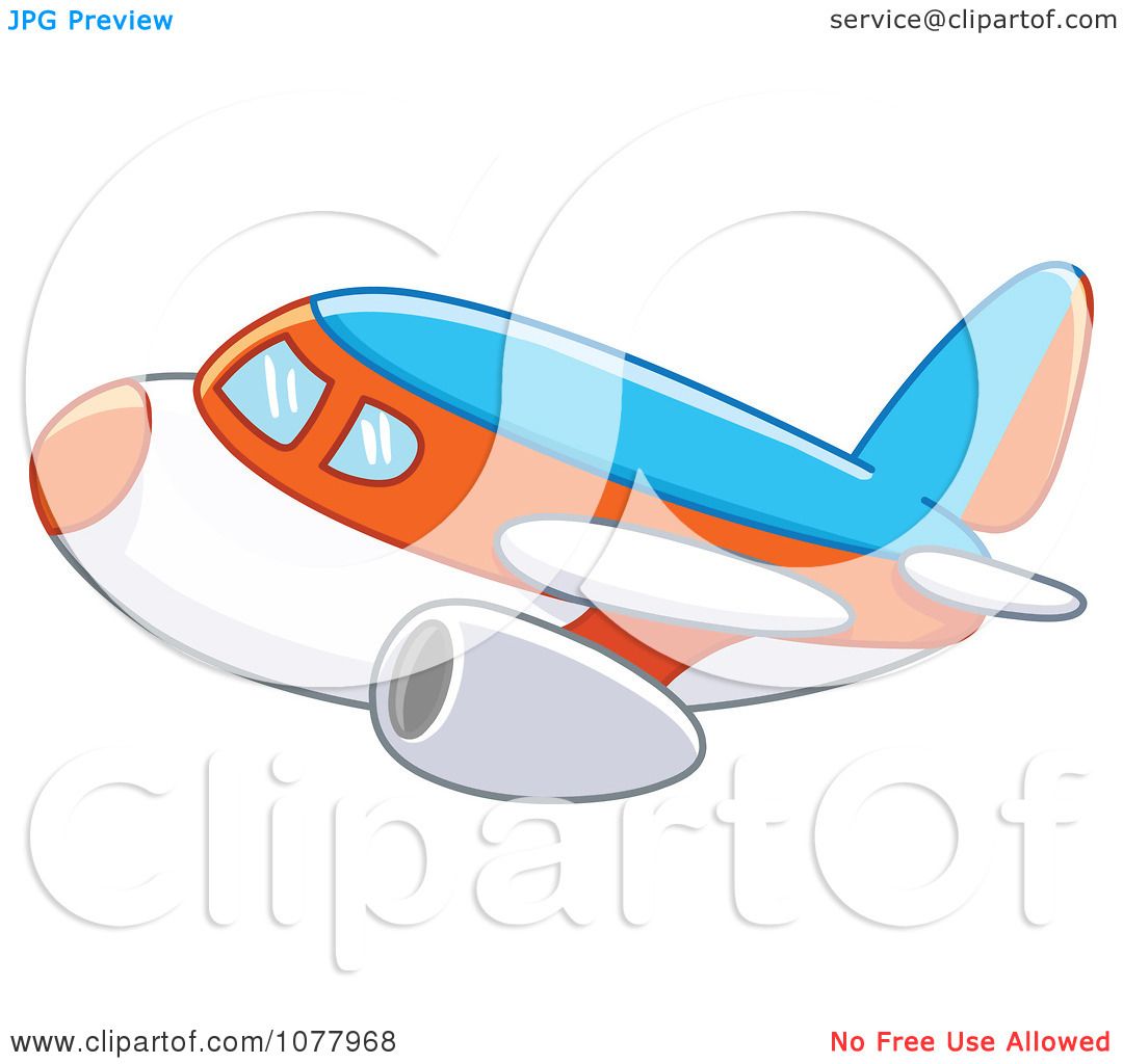 Colorful cartoon airplane with blue fuselage, orange nose, and white wings in flight.