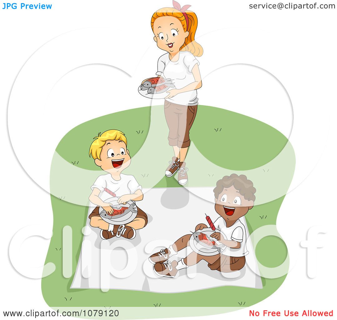 A smiling woman serves grilled fish to two happy boys having a picnic on a blanket in a grassy park.