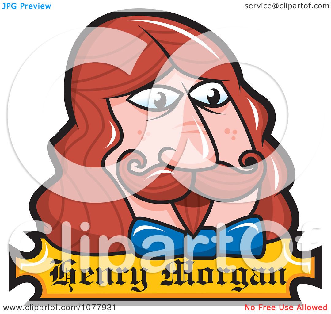 Cartoon portrait of Henry Morgan with red hair, mustache, blue bowtie, and stern expression on yellow banner.