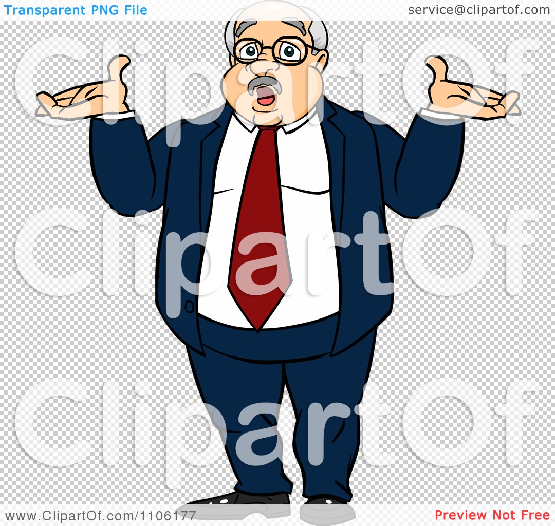 Cartoon businessman with glasses, red tie, and open hands in a shrugging gesture, expressing confusion or uncertainty.