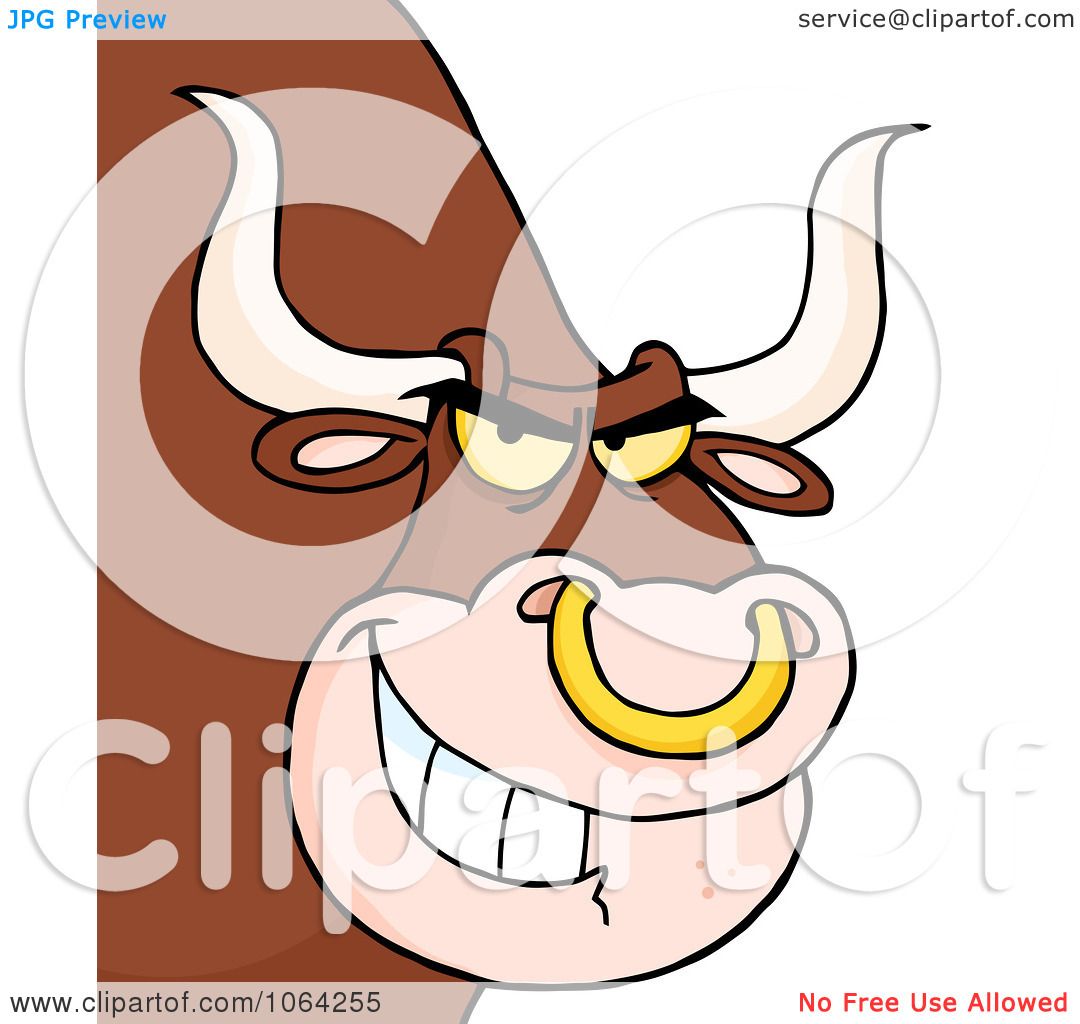 Cartoon bull with large horns, yellow eyes, nose ring, and wide grin peeking from behind a brown wall.