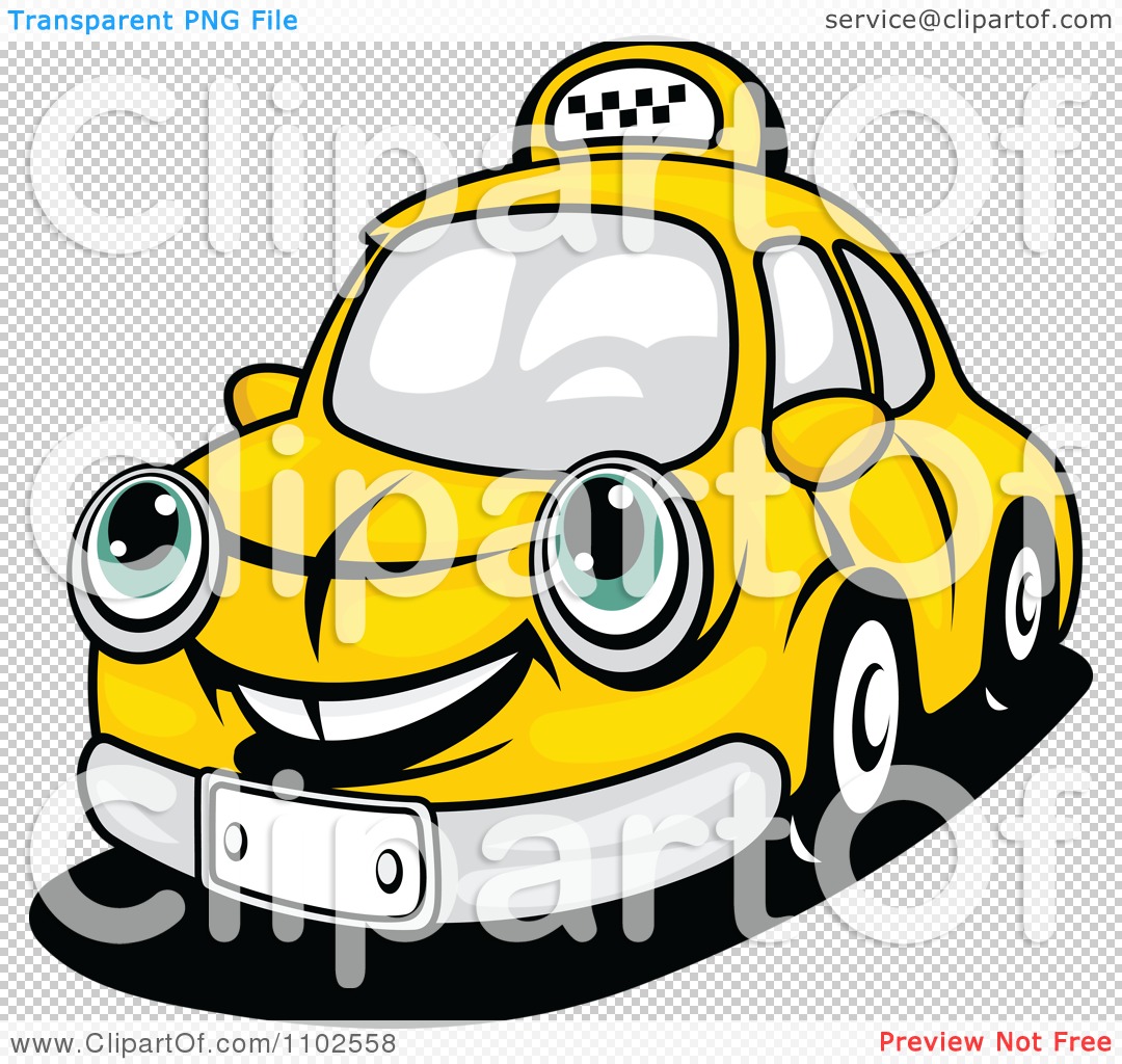Cheerful cartoon yellow taxi with big eyes, smile, and checkered roof sign on transparent background.