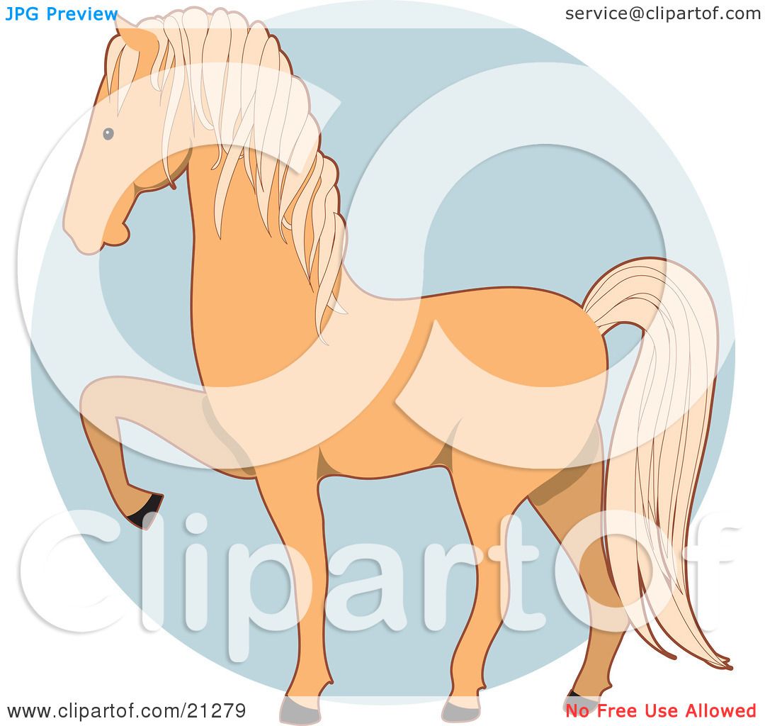 Stylized palomino horse rearing with flowing mane and tail against soft blue circular background.