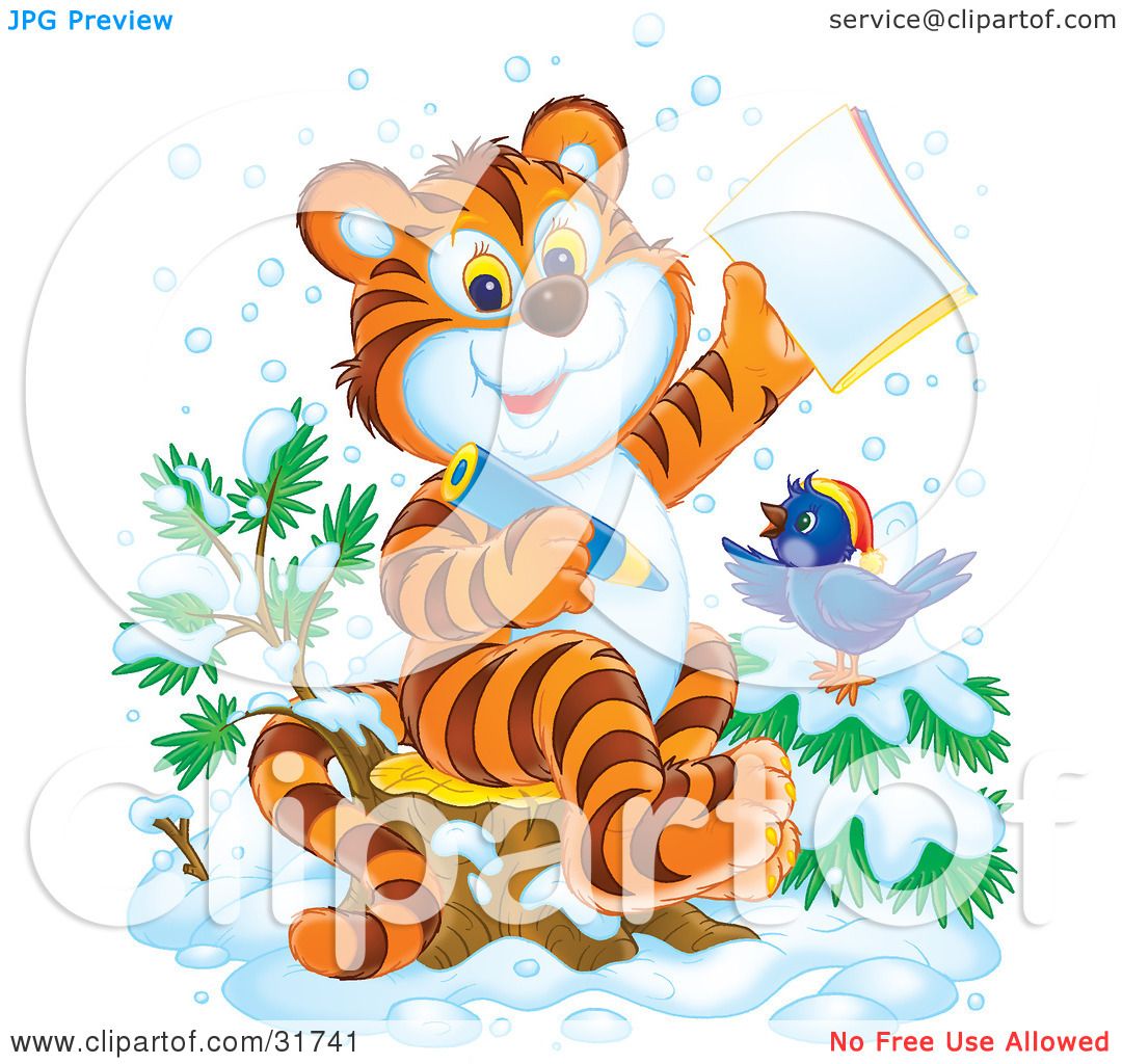 A cheerful cartoon tiger sits on a snowy stump, holding a pencil and paper, with a bird nearby and snowflakes falling.