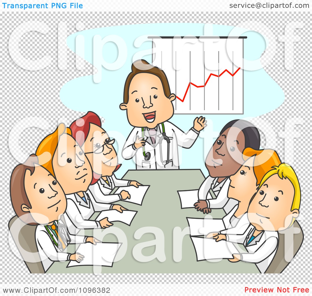 Doctor presenting a rising trend chart to a team of medical professionals in a meeting.