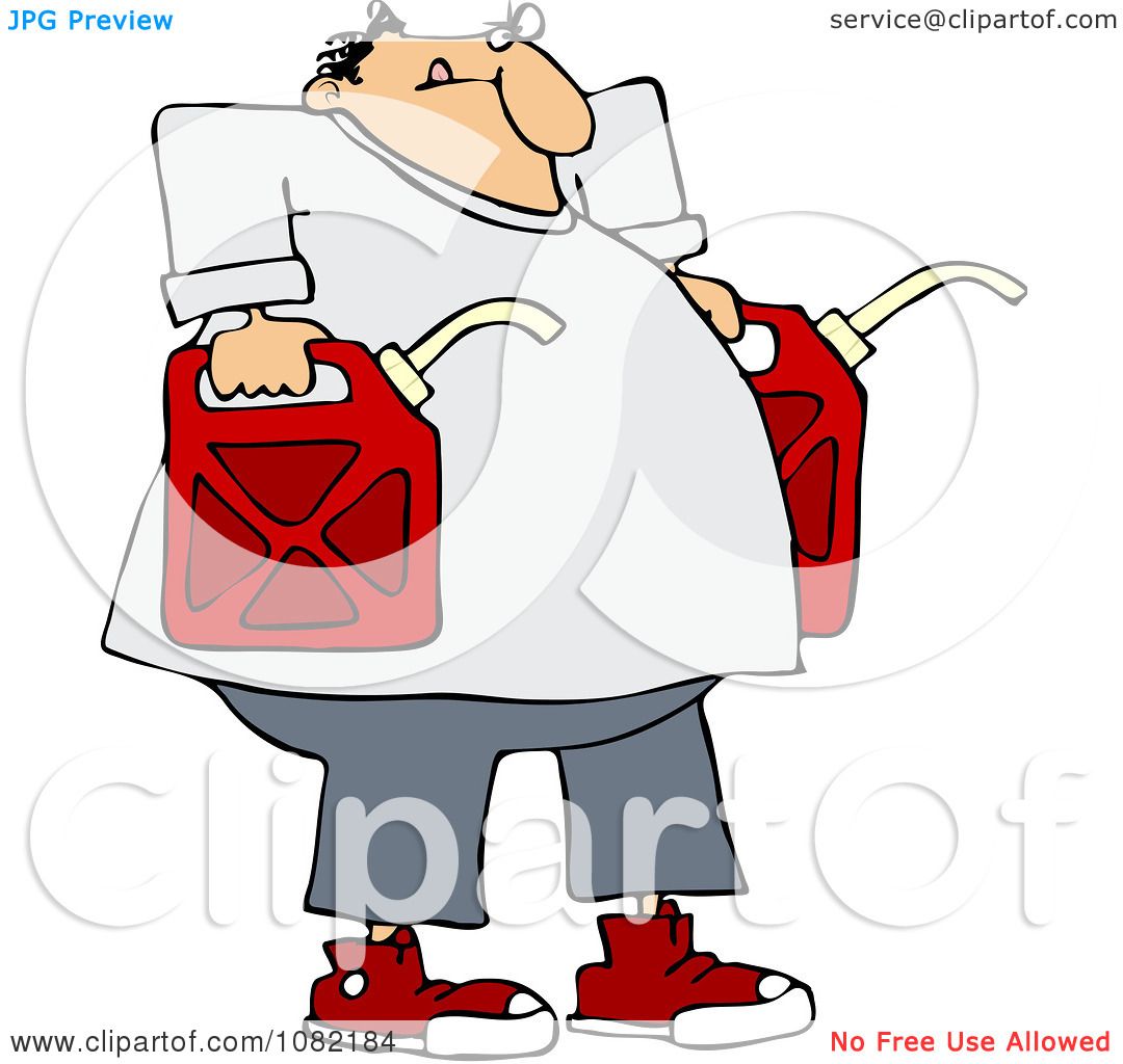 Cartoon man in white lab coat holding two red gas cans, looking tired or overwhelmed.