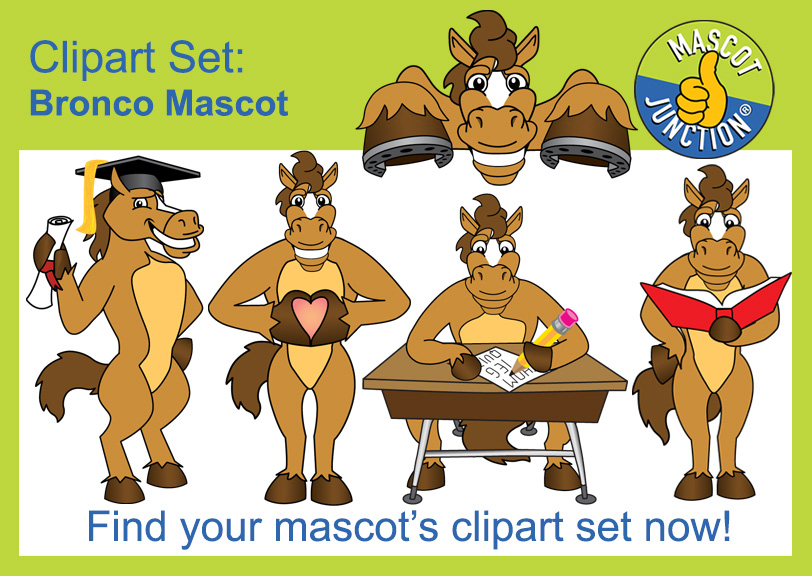 Bronco mascot clipart set showing five cartoon horses in graduation, heart, studying, and reading poses with Mascot Junction logo.