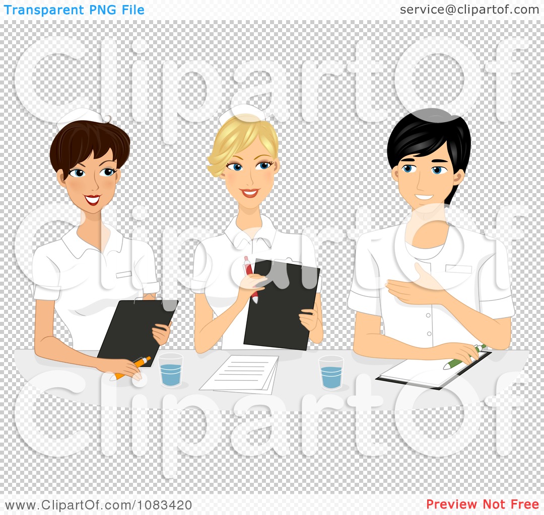 Three smiling healthcare professionals-two nurses and a male colleague-sit at a table with clipboards, documents, and water glasses.